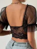 Magliette da donna Corsetto vintage francese Crop Canotte Top in pizzo floreale Donna Mesh Sheer Bustier sexy Manica corta Party Slim Tees