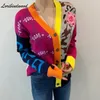 Loribindwood Koreanische Version des Farbblock-Strickcardigan-Jackenpullovers mit V-Ausschnitt und klassischem All-Match-Muster 231220