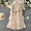 Two Piece Dress 2023 New Autumn Spaghetti Strap Woolen Patchwork Mesh Tulles Midi Dress + Short Tweed Jacket Coat For Women 2 Pieces Set Outfits L231221