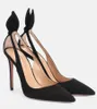 Bow Sandal Women High Heel Aquazzu Deneuve Bow-Tie Pumpar Bow Tie 105mm Suede Leather Pumpar Thin Heel Pointy Toe Size 35-43EU Superkvalitet