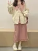 Arbeitskleider QIWN Japanisches Kawaii 3-teiliges Set Frauen Bogen Süße Elegante Party Midi Rock Anzug Weibliche Koreanische Mode Rosa Plaid Niedliche Sets 2023