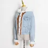 Kvinnors trenchrockar Tesco Blue Denim Lamb Wool Coat 2023 för kvinnor Autumn Winter Patchwork Single Breasted Short Jacket Female Streetwear