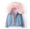 Trench Coats de femmes Big Faux Fur Collar denim Veste de jean Femme Femme Hiver Hooded Jean Étudiant Basic Basic Parkas Femme Bomber Mabrement