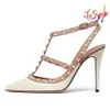 Designer High Heel VT Sandal Dress Shoes Ankle Strap Roman Studs Black Nude Strip Rivets Womens Stiletto Block Heel