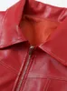 Women's Leather Women Fashion PU Red Front Zipper Bomber Jackets Vintage Lapel Neck Long Sleeves Female Chic Lady Outfits