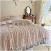 Set biancheria da letto Set biancheria da letto Set principessa francese in cotone 400Tc lavato romantico volant in pizzo piumino da lavoro Er lenzuolo federa Drop Delive Dhx7R