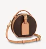 M44699 Mini Petite Boite Chapeau Round Crossbody Bag com cinta de couro ajustável original Cowhidw Trim lonvas Messenger bolsa de ombro de embreagem M68276