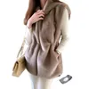 Women's Fur Luxury Faux Coats Elegant Lady Korean Fashion Design Hooded Sleeveless Invisible Metal Hook Buttons Solid Color Women Coat