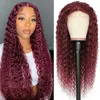 Yirubeauty 99J Indian Human Hair Kinky Curly 13x4 Spets Front Wig 10-32 tum Free Part Burgogne Color 130% 150% 180% Densitet