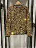 Женские куртки, женское твидовое пальто с круглым вырезом и золотыми пайетками, осень-зима 2023, модные женские универсальные топы с длинными рукавами и ромбовидными пуговицами