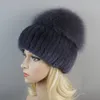 Russland Stil Frauen Echte Echte Fuchs Pelz Mützen Hut Mädchen Natürliche Echt Rex Kaninchen Fell Skullies Kappe Stricken Winter Echt pelz Hüte 231220