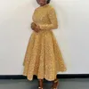 Ubranie etniczne jesienne zima elegancka cekinowa sukienka afrykańska mody na okrągła szyja długie rękawowe linijki A-line
