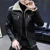 Men's Fur Faux Fur Winter Men Leather Jacket Solid Color Lining Velvet Business Lapel Medium Length Keep Warm Black Leather Windbreaker S-4XL 231220