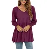 Damen-T-Shirts, Puff-Langarmshirt, lässig, gesmokte Manschette, V-Ausschnitt, Tops, Bluse, Damen