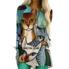 T-shirt Cartoon Cats On The Tree Print Tshirt Long Sleeve Women Plus Size Tops Casual Round Beck Loose Femme Commuting Clothes
