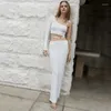 Work Dresses 2023 Summer White Sexy Women Two Pieces Sets One Shoulder Long Sleeve Tops Split Skirt Waist Revealing Bandage Fashion Suit