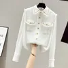 Women's Blouses Aesthetic Chic Tweed Patchwork Blusas Mujer Elegant Temperament Shirts Tops Spring Fashion Small Fragrance Blouse Women