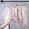 Kids Boys Girls Pajamas Summer Cotton Linen Cartoon Thin Therequarter Tops with Pants Baby Sleeping Clothing مجموعات 231220