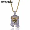 TOPGRILLZ Gold Color Plated Iecd Out HipHop Micro Pave CZ Stone Pharaoh Head Pendant Necklace With 60cm Rope Chain249b