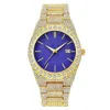 Relógio masculino totalmente dourado azul moda rua hiphop super flash água diamante calendário moderno relógio de quartzo