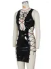 Casual Dresses Viifaa Pu Leather Sexy Cut Out Lace-Up Bodycon for Women Party Club Outfits 2023 Ärmlös kvällsminiklänning