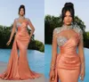 Elegant Orange Pink Mermaid Evening Sheer Beads Appliques High Neck Satin Pleats Ruffles Long Formal Prom Dresses with long sleeves