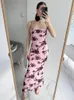 Casual Dresses TAFN Lace Up Backless Maxi Dress Sexy Mesh Floral Printing Bodycon Holiday Elegant Spaghetti Strap Summer 2023