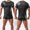 Ensemble en simili cuir pour hommes, manches courtes + boxer effet mouillé, T-shirt musclé