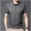Heren PoloS Zomer Silk Turn Down Collar Short Sleeve T-Shirt Polo Casual Jacquard Ice Plaid Button Fashion Graphic Tops