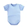 Rompers Summer Born Baby Clothes Boys and Girls Solid Color Bubble Sleeve Tights 0-24 månaders bodysuit