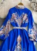 Casual Dresses 2024 Fashion Holiday Paisley Maxi Dress Women's Stand Long Lantern Sleeve Buttons Lace Up Belt Flower Printed Robe Vestidos