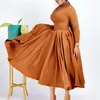 Ethnische Kleidung hohe Taille Frauen Kleid Herbst Mode plissierte afrikanische elegante lässige Midi große Größe Ladies Robe Elegante Femme