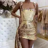 Casual Dresses JillPeri Sleeveless Square Neck Bling Gold Sequin Mini Dress With Drop Sexy High Waist Ruched Short Outfit Celebrity Party