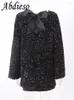 カジュアルドレスアビソ冬のスパンコールセクシーなバックレスの女性のためのエレガント2023秋の弓固形袖の長袖ミニイブニングドレス
