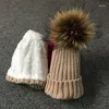 Beretten Cllikko Real Fur Hat Gebreide grote wasbeer pom Kinderen Winter Unisex Kinderen van 1-18 jaar Warm chunky plus Velvet