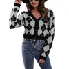 Women's Jackets Adults Contrast Color Plaid Sweater Jacket Cardigan Tops Long Sleeve V Neck Argyle Knitted Crop Top Pullover Size S-XL