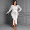 Casual Dresses Long Sleeve V Neck Silver Sequin Glitter Bodycon Dress Evening Party Women Elegant High Waist Ruffles Fringe Tassel