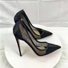 Kleidungsschuhe Strasssteine ​​Frauen Patchwork Schwarz Satin Gaze Pointy Toe High Heel Party 8 cm 10 cm 12 cm elegante Stilettopumpen