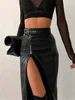 Wsevypo noir en cuir PU taille haute jupes crayon Vintage Grunge femmes Streetwear fermeture éclair fendu moulante jupe mi-longue avec ceinture 231220