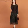 Two Piece Dress #1909 Spring Autumn False Two Piece Sweater Dress Women Split Joint Mesh Midi Dress Long Sle Slim Office Elegant Woman Dress L231221