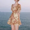 Kvinnors badkläder 2023 Summer Kvinnor Floral Print Ruffle Lace Up One Piece Swimsuit Slim V Neck Short Sweet Push Mini Dress Beach