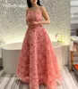 Party Dresses Dubai Arab Evening Dress 2023 Pink 3D Flower Italian Noodle Strap High Wais A-Line Gown Elegant And Pretty Women's