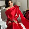 Mermaid Evening Red Elegant Dresses Sleeves Crystals Beaded Off the Shoulder Satin Celebrity Party Gowns Hand Made Flowers Long Formal Dress for Women