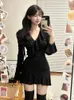 2023 Autumn French Elegant Black Y2K Mini sukienka Mini Caual Long Short Party Office Lady Slim Pure Kolor Chic 231221