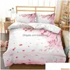 Ensembles de literie Ensembles de literie Couette florale rose Er Ensemble de thème de fleurs de cerisier japonais Couette romantique de printemps pour fille Couvre-lit en microfibre Dh7Ww