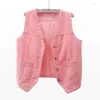 Vrouwen Vesten Koreaanse Roze Denim Vest Vrouwen Slanke Korte Vest Student Cowboy Mouwloze Jas V-hals Grote Zak Casual Jeans Vrouwelijke