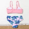 Swimwear Folha Impressão Menina Maiô Crianças Nervuras Duas Peças Crianças Swimwear 714 Anos Adolescente Conjunto de Biquíni Acolchoado Terno de Banho 2022 Beachwear