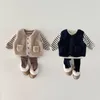 Kläder set vinter baby fleece casual set spädbarn cardigan väst randiga toppar leggings 3 stig dräkt plus sammet pojkar flickor varma kläder