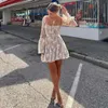 Vintage White Lace Mini Dress For Women Flared Long Sleeve Party Evening Dress A-Line Short Prom Dress Elegant Gown 231220