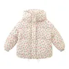 Manteau en duvet pour enfants, veste en coton à capuche, motif floral, mode coréenne, manches longues, cordon de serrage, vêtements d'extérieur chauds et décontractés, hiver 2023